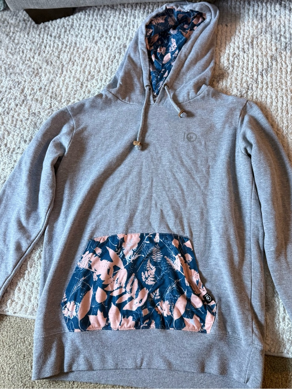 tentree Gray Hoodie with Blue & Pink Floral Lined Hood and Pocket